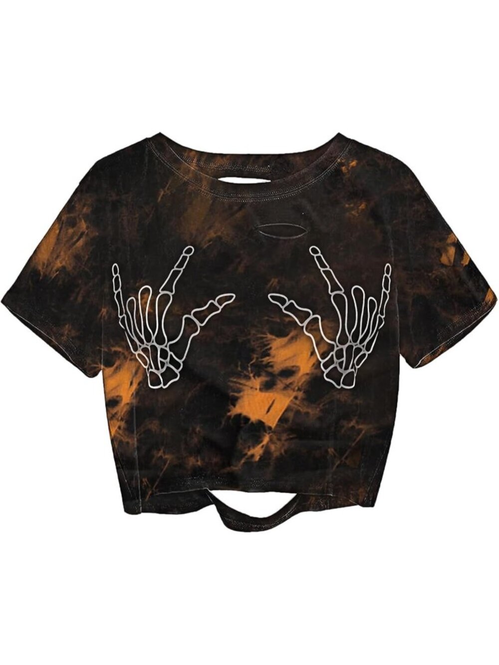 Womens Tie Dye Orange Skull Finger Graphic Distressed Ripped Crop Top Tee Shirt